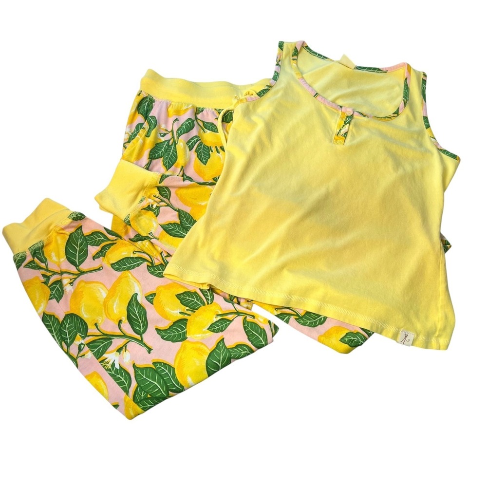 Munki Munki Pajama Set Top Joggers Yellow Lemon Womens S Pockets Cotton Blend